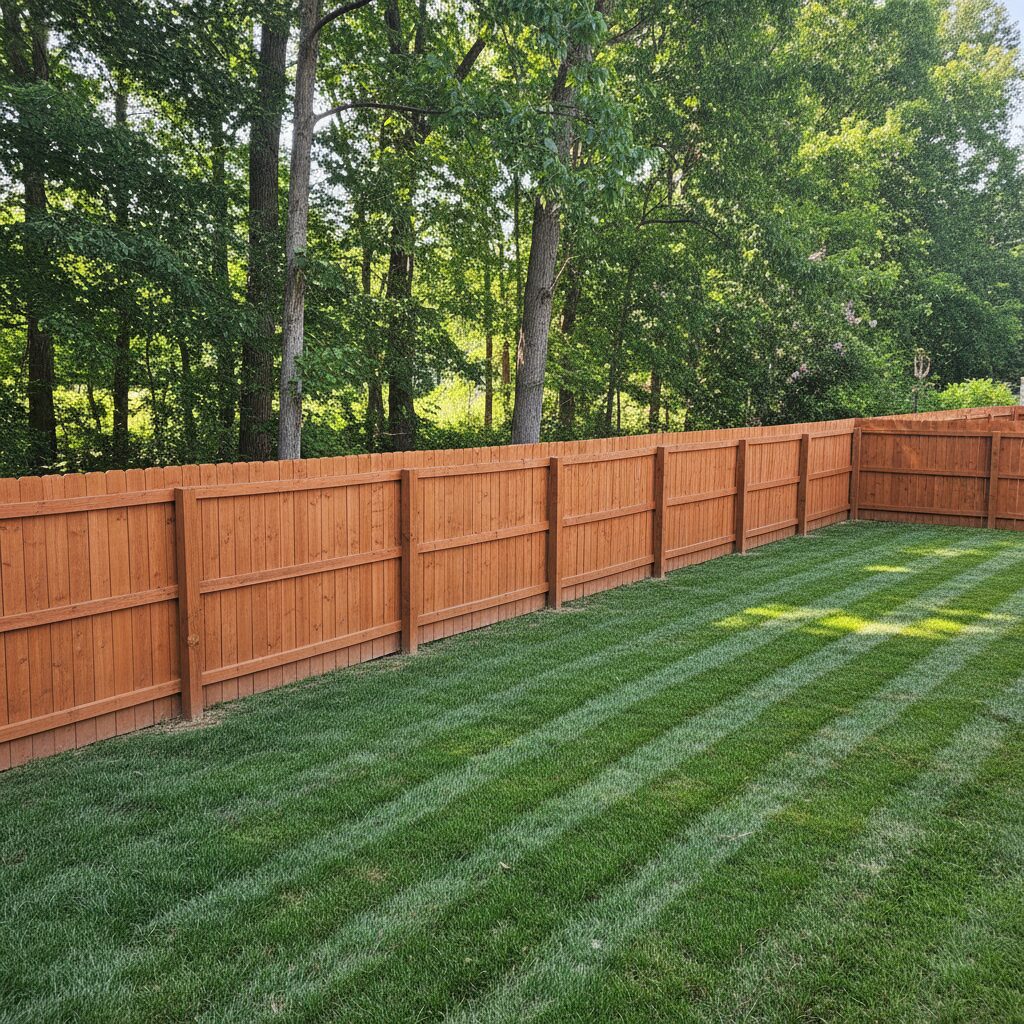 A backyard with a board-on-board wooden privacy fence stained in a warm reddish-brown 845387 - San Antonio Deck and Fence Works Brown wooden fence, green grass lawn.-deck builder-San Antonio, Texas