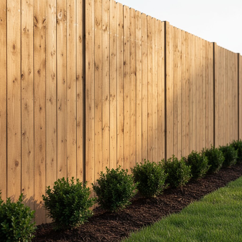 A backyard with a classic vertical wooden privacy fence built from natural cedar plan 834189 - San Antonio Deck and Fence Works Wooden privacy fence with shrubs.-deck builder-San Antonio, Texas