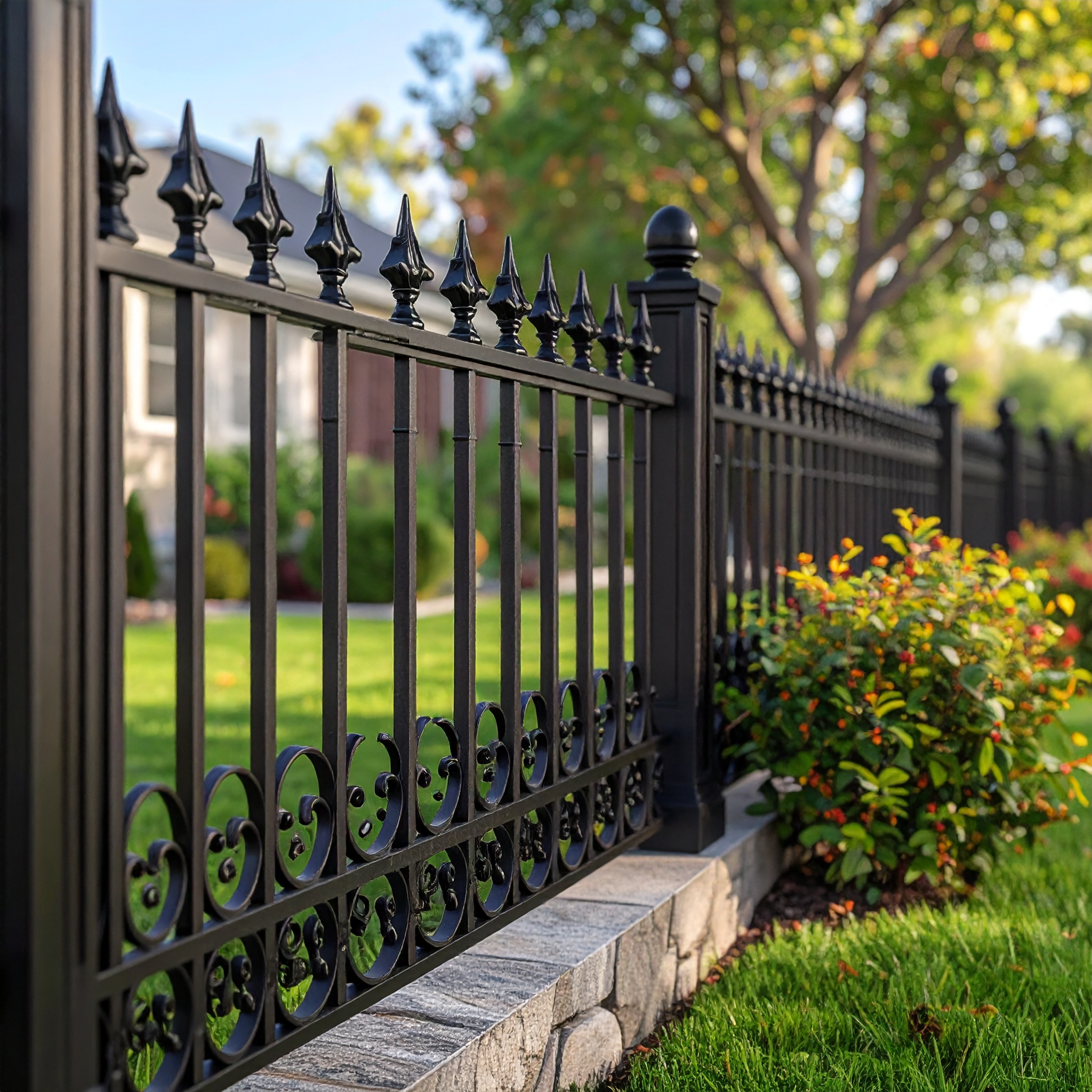 Black wrought iron fence with stone.-deck builder-San Antonio, Texas