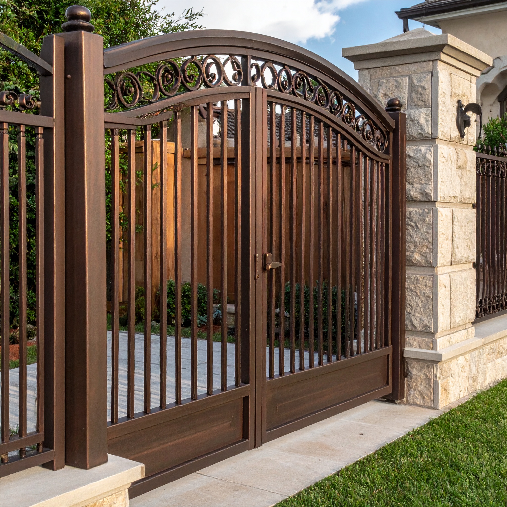 Brown metal gate with stone pillars-deck builder-San Antonio, Texas