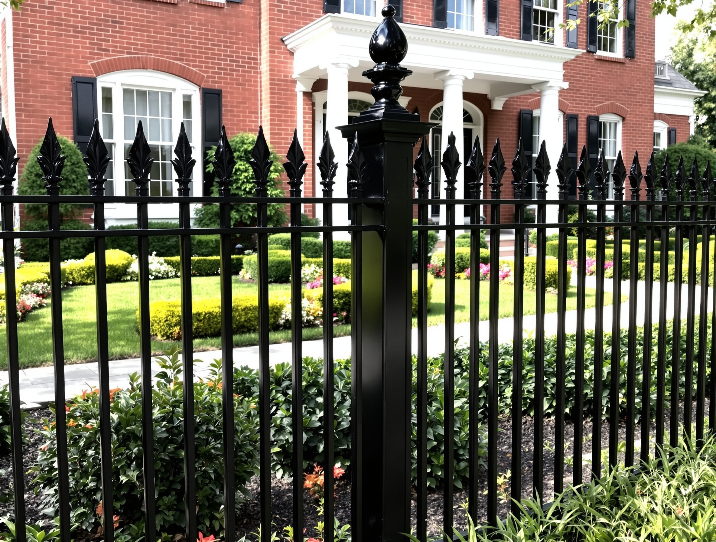 A front yard enclosed by a black wrought iron fence with vertical pickets and decorat 778688 - San Antonio Deck and Fence Works Black wrought iron fence with finials-deck builder-San Antonio, Texas