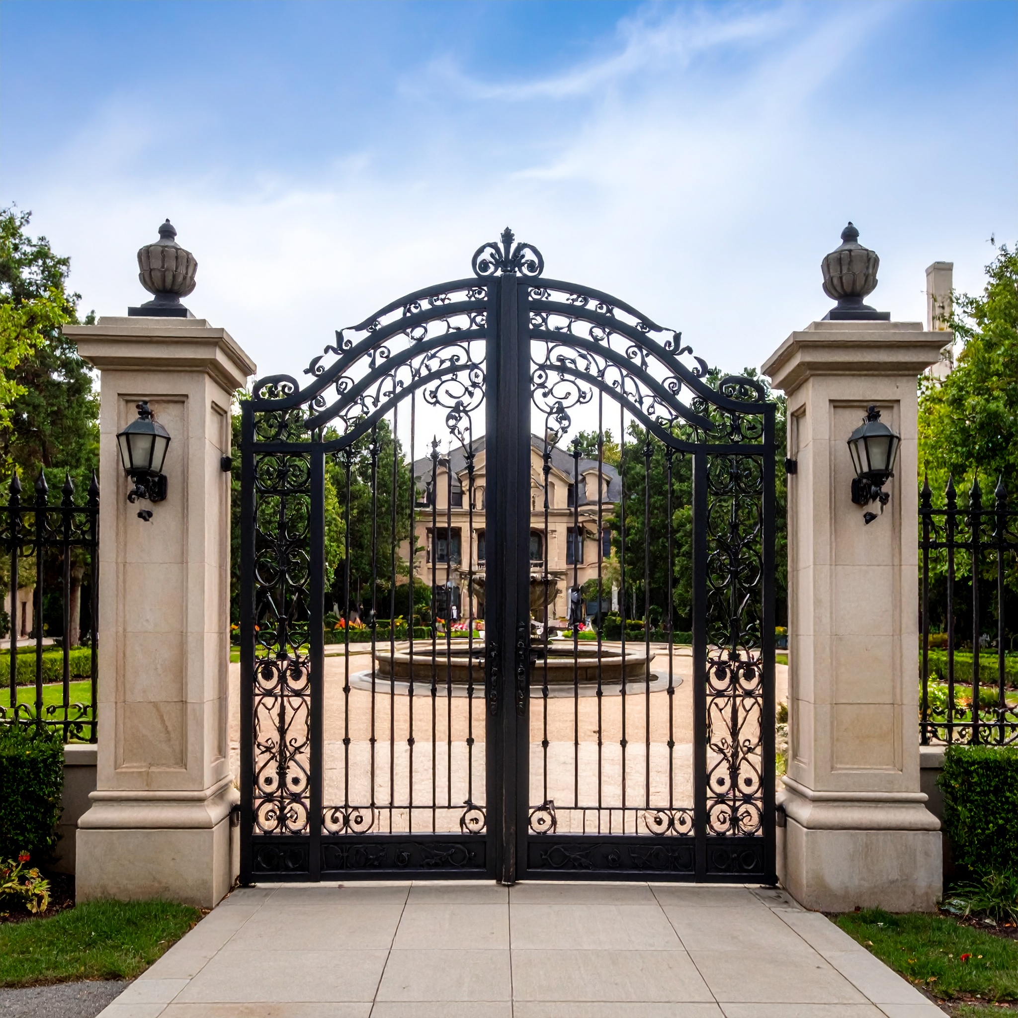 Black wrought iron gate, stone pillars.-deck builder-San Antonio, Texas