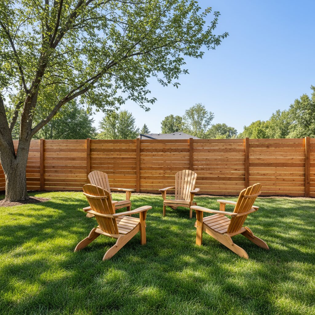 A modern backyard with a horizontal wooden privacy fence made of warm-toned planks an 834189 - San Antonio Deck and Fence Works Wooden privacy fence with Adirondack chairs.-deck builder-San Antonio, Texas
