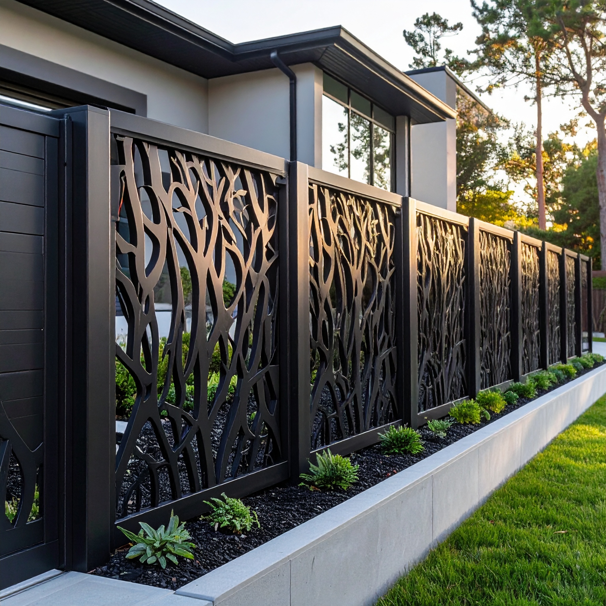 Black metal fence with decorative panels-deck builder-San Antonio, Texas