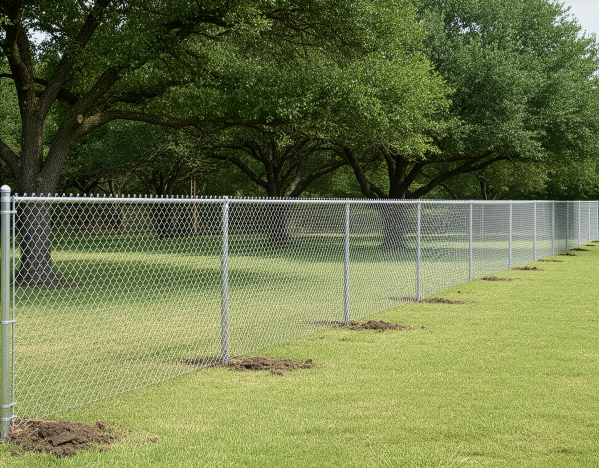 A residential property bordered by a chain link fence with galvanized steel posts and 442562 2x upscale - San Antonio Deck and Fence Works Metal chain-link fence on grass.-deck builder-San Antonio, Texas
