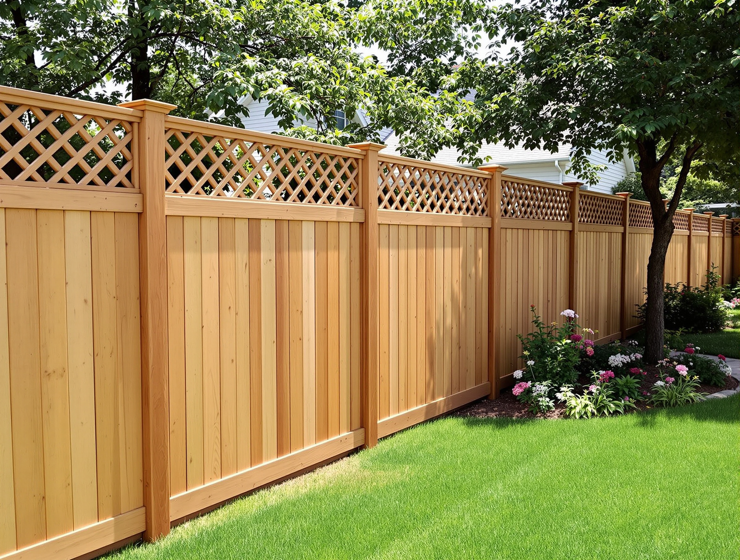 A suburban backyard bordered by a wooden privacy fence with a decorative lattice top 442562 - San Antonio Deck and Fence Works Wooden fence with lattice top panels-deck builder-San Antonio, Texas