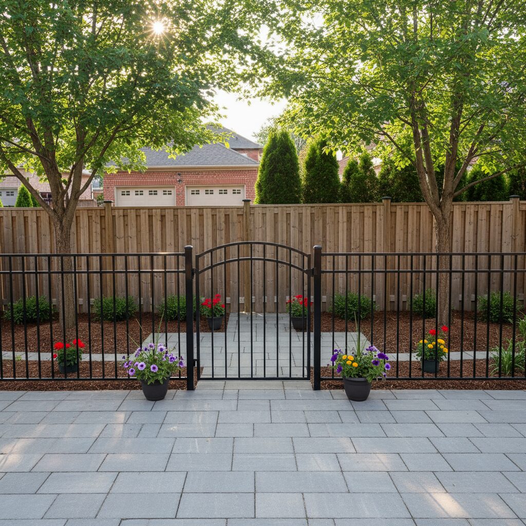 Black metal gate with wooden fence.-deck builder-San Antonio, Texas