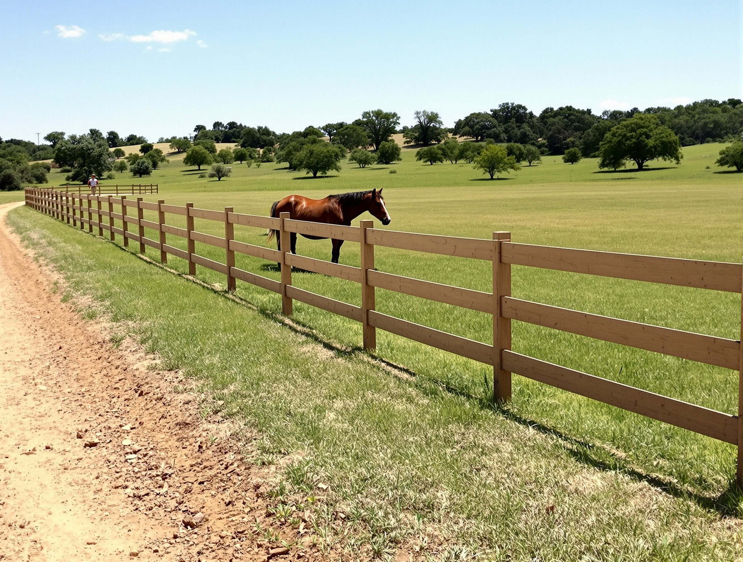 A wide open pasture enclosed by a new wooden ranch fence built with horizontal planks 368050 - San Antonio Deck and Fence Works Wooden fence with brown horse.-deck builder-San Antonio, Texas