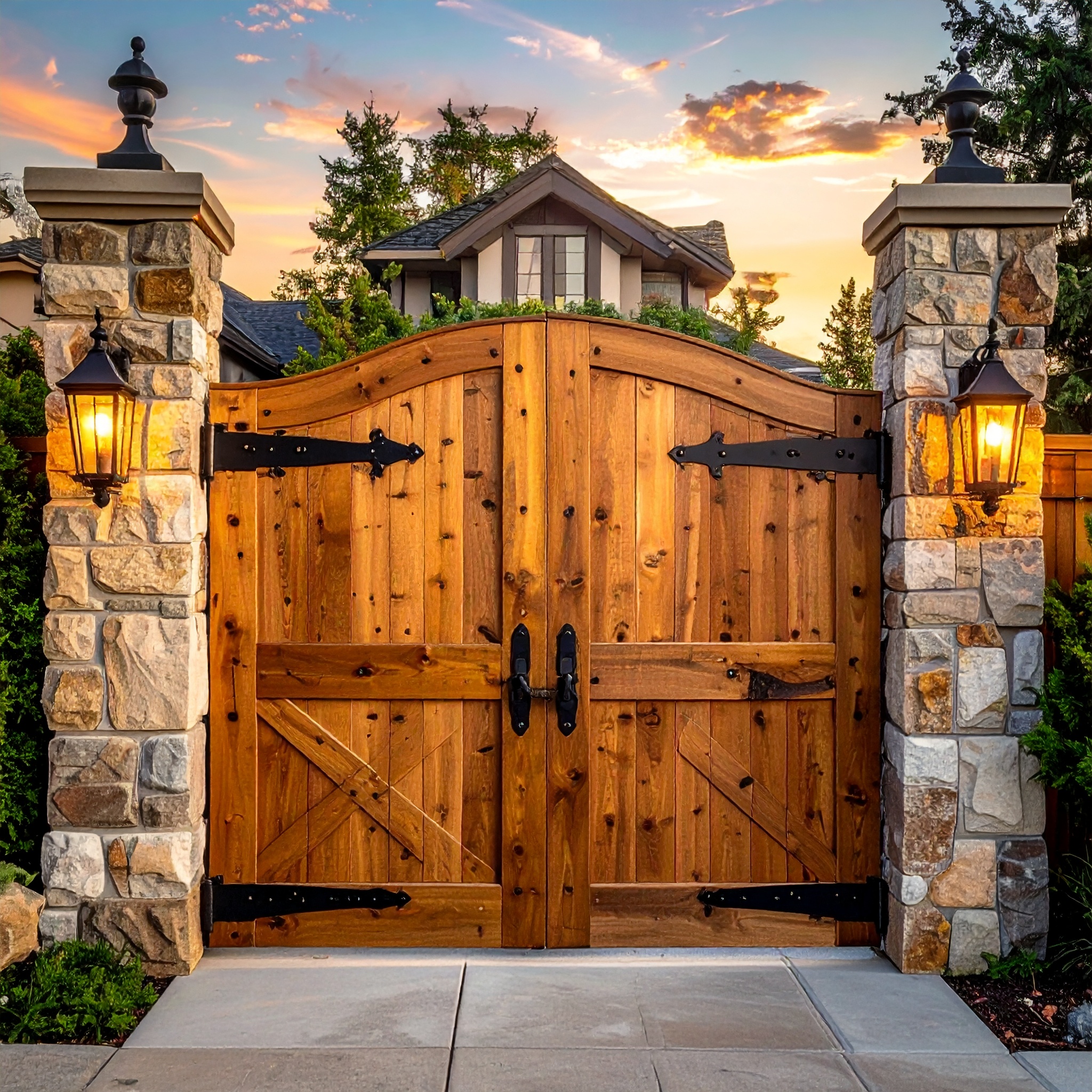 Stone pillars with wooden gate.-deck builder-San Antonio, Texas