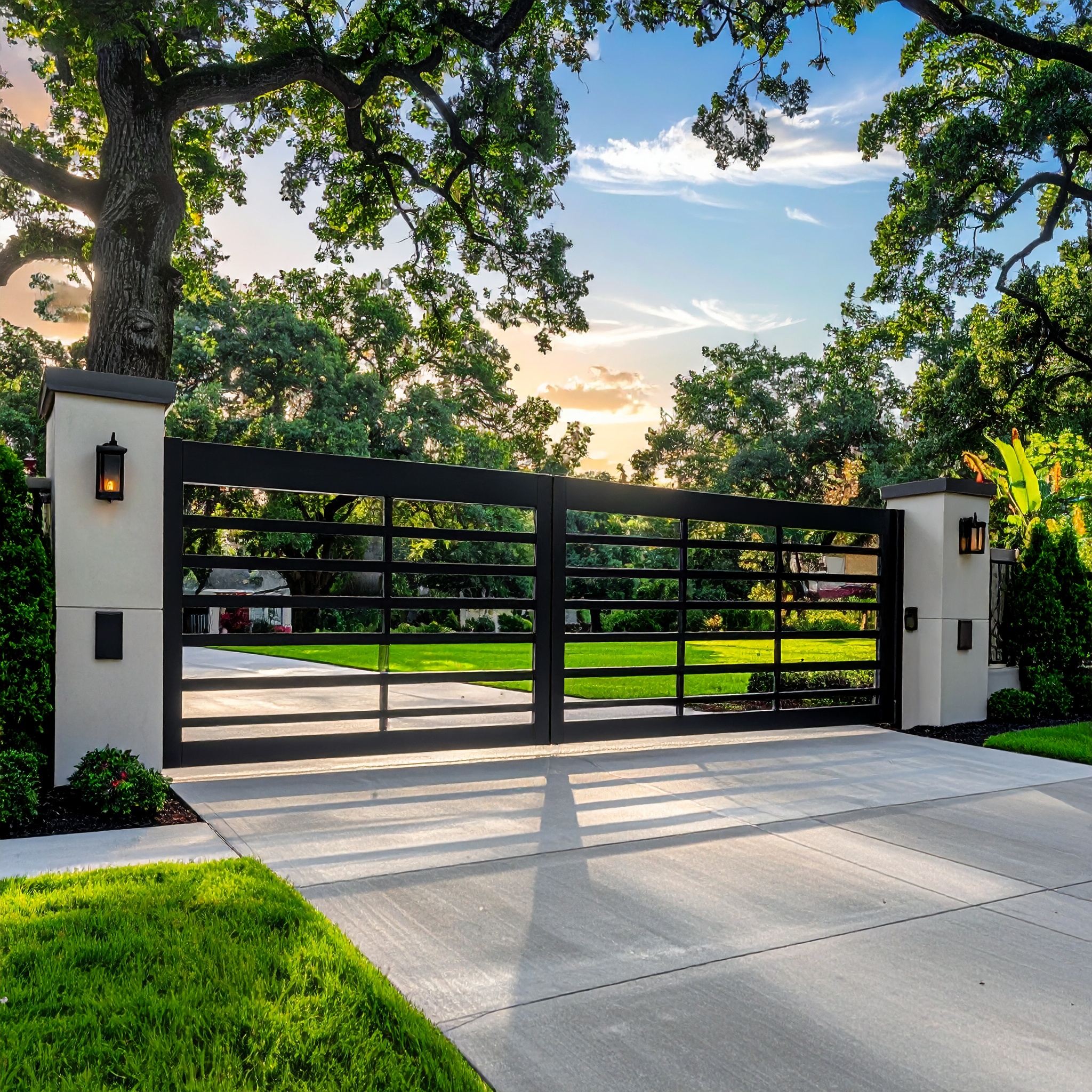 Black metal gate with stone pillars-deck builder-San Antonio, Texas