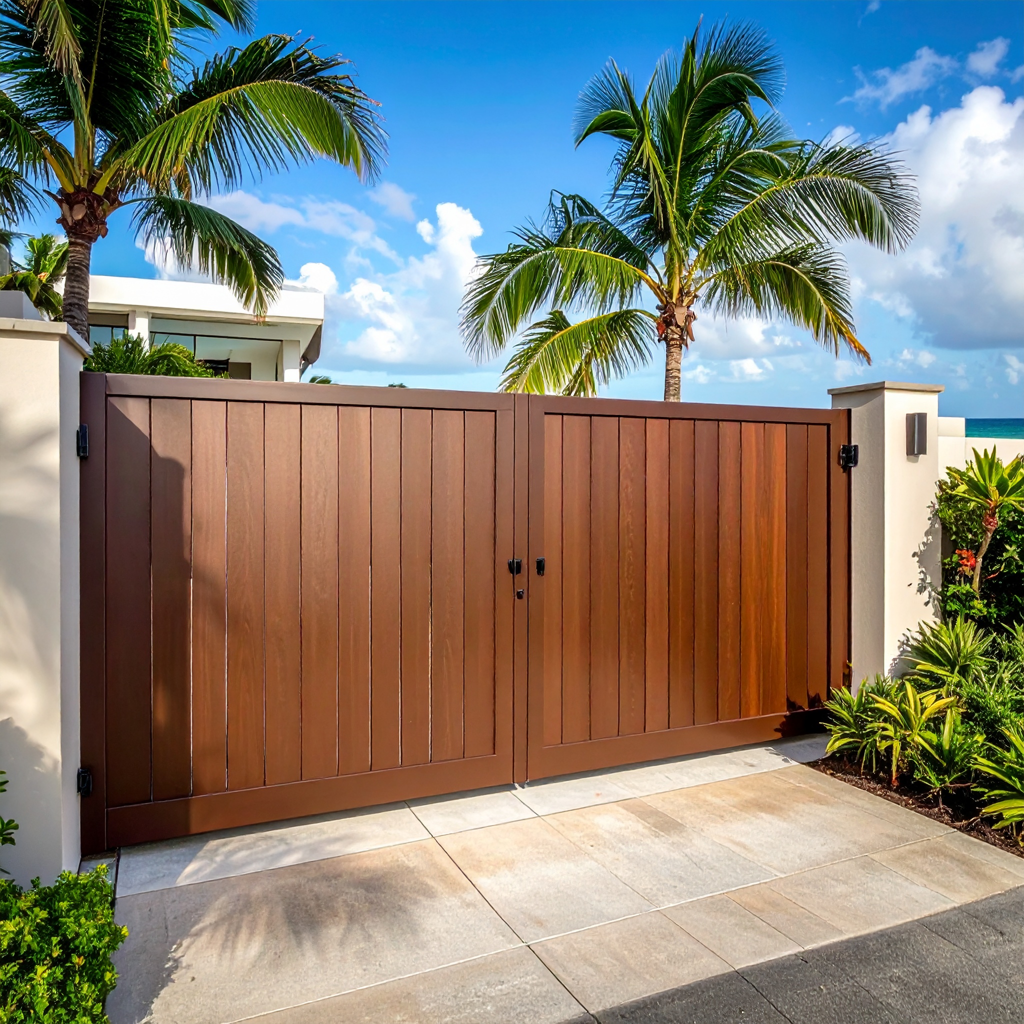 Brown wooden gate with stone pillars-deck builder-San Antonio, Texas