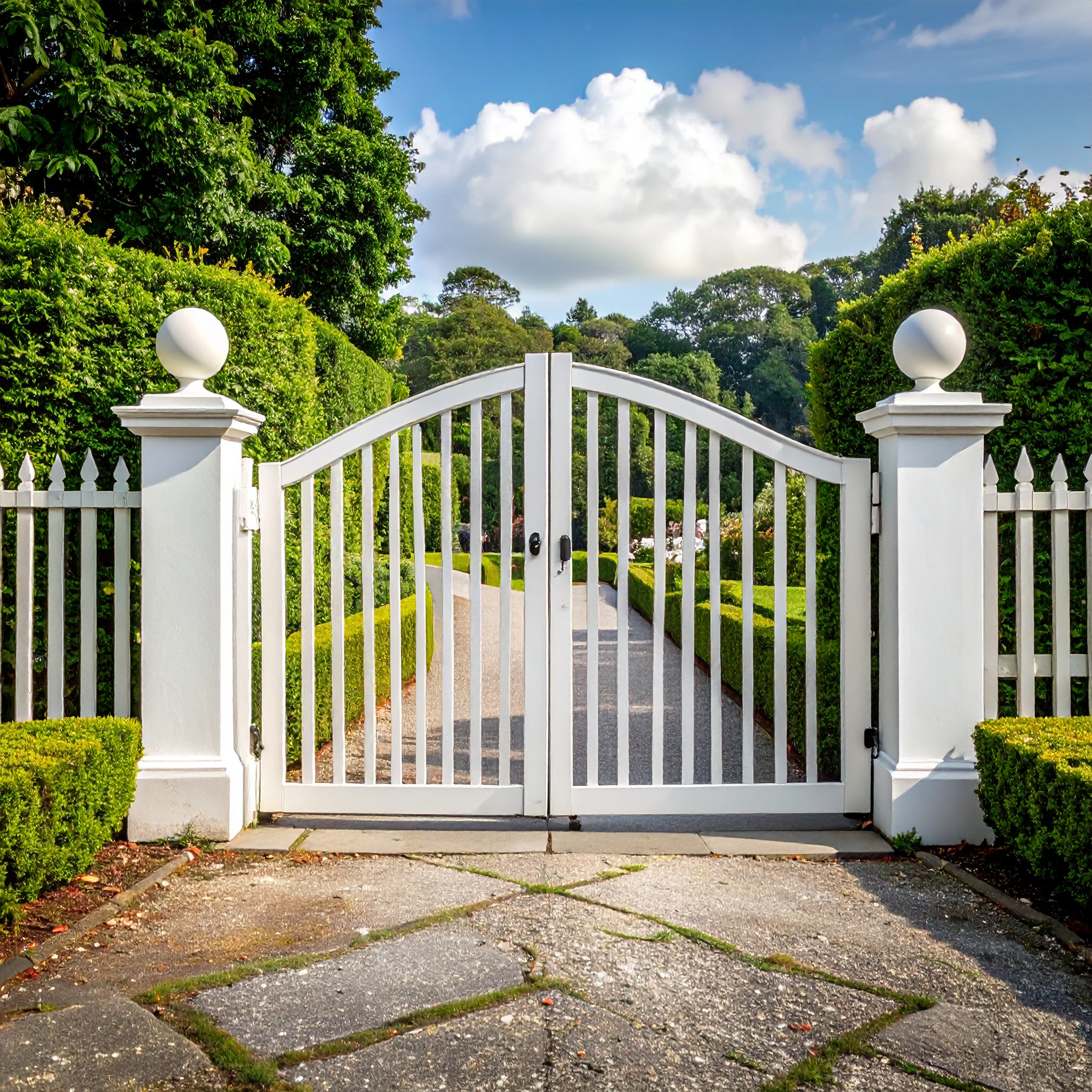 White wooden gate with pillars-deck builder-San Antonio, Texas