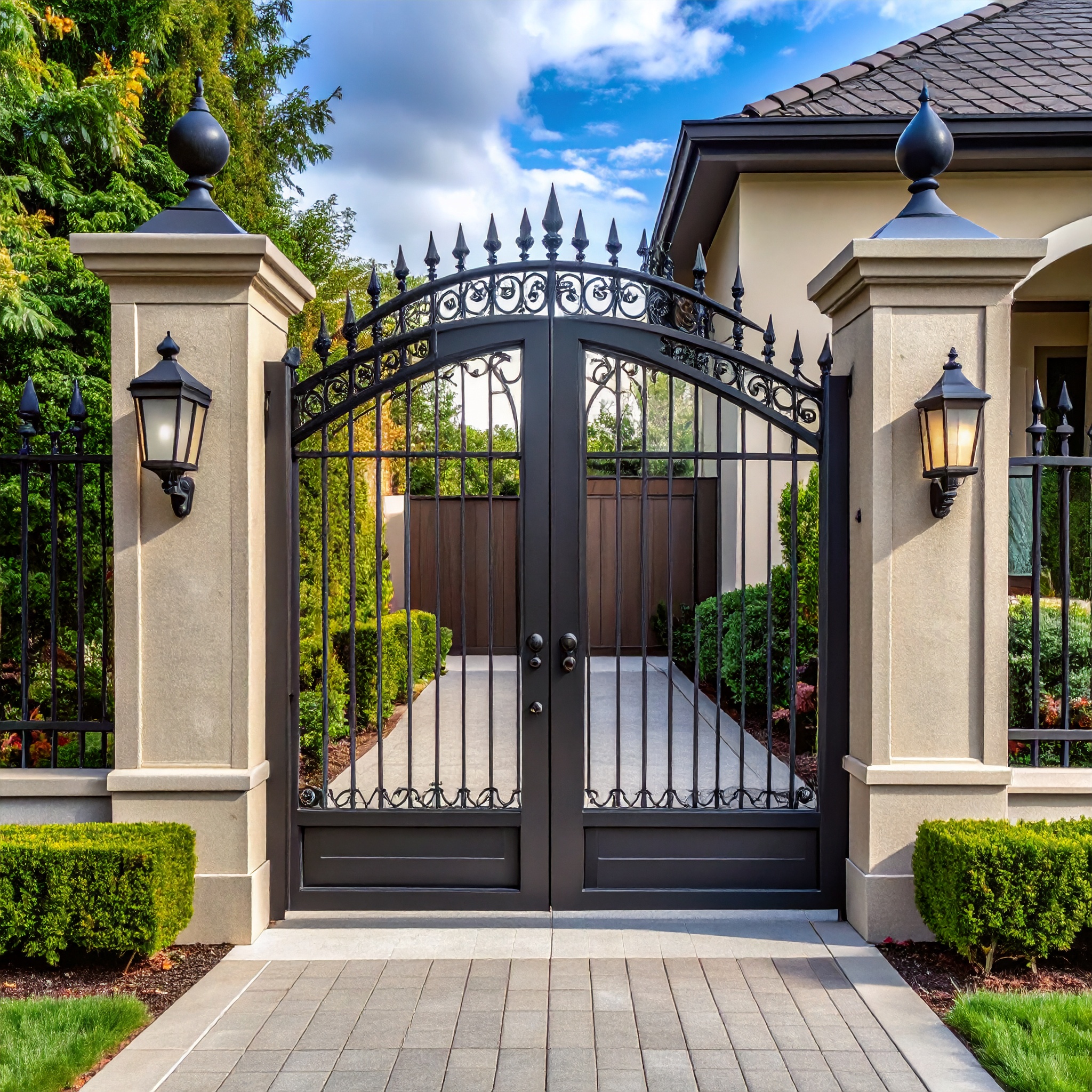 Black wrought iron gate with pillars-deck builder-San Antonio, Texas
