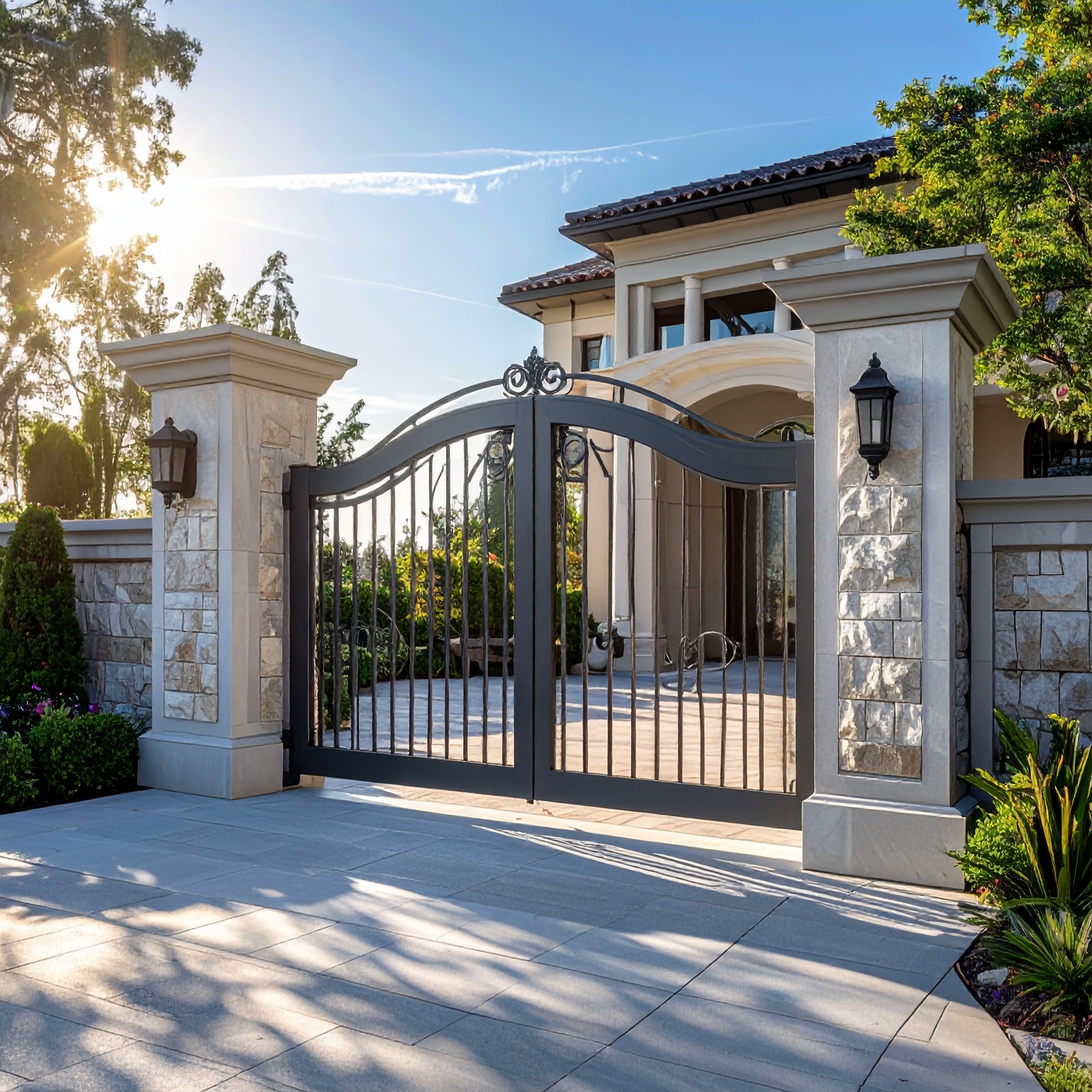 Black wrought iron gate, stone pillars.-deck builder-San Antonio, Texas