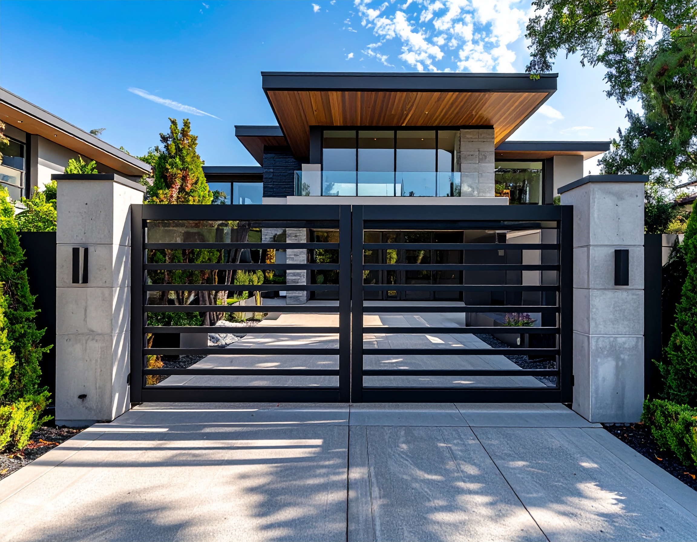 Black metal gate with concrete pillars-deck builder-San Antonio, Texas