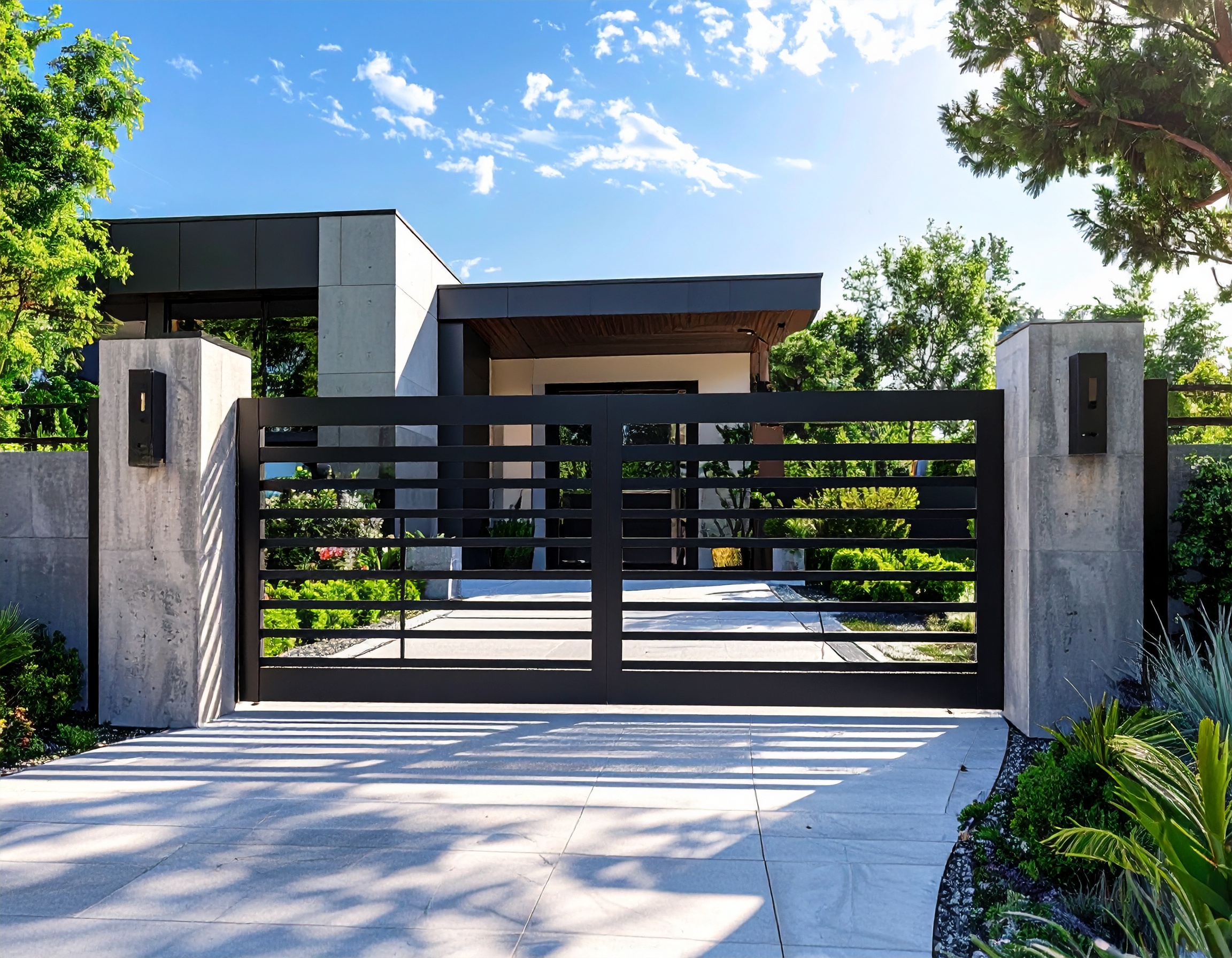 Black metal gate with concrete pillars-deck builder-San Antonio, Texas