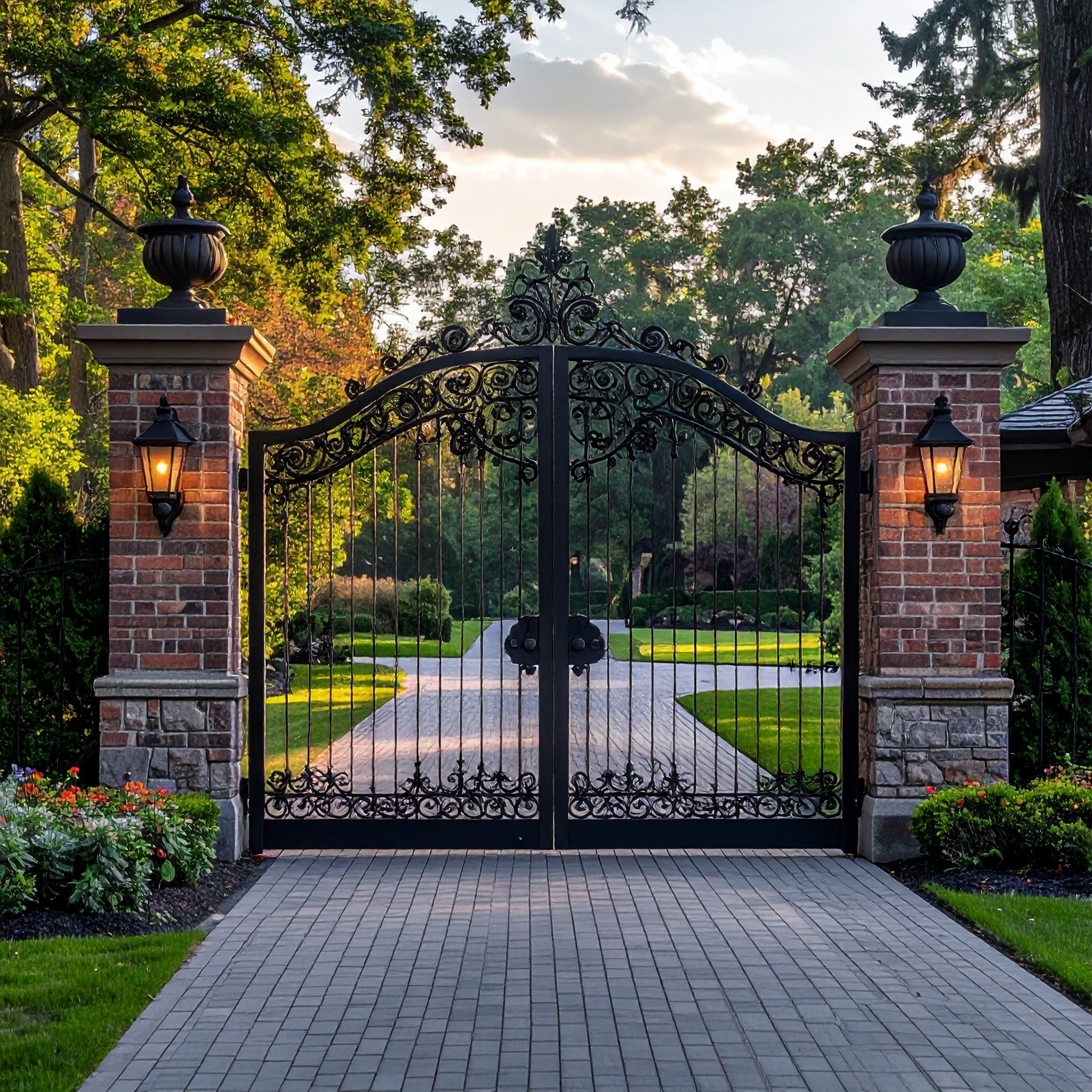 Black wrought iron gate, brick pillars.-deck builder-San Antonio, Texas