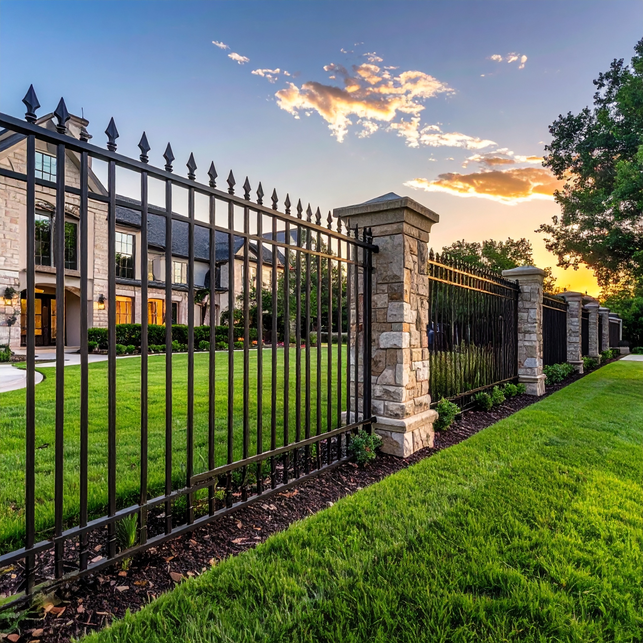 Black metal fence with stone pillars-deck builder-San Antonio, Texas