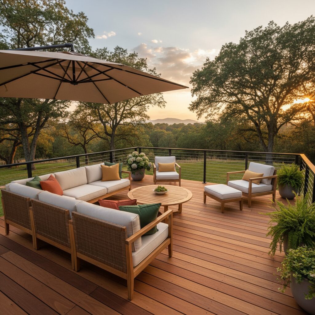 Wide-angle hero photo of a newly repaired deck with clean lines, warm wood tones, and 936772 - San Antonio Deck and Fence Works Wood deck with cushioned seating, umbrella.-deck repair-San Antonio, Texas