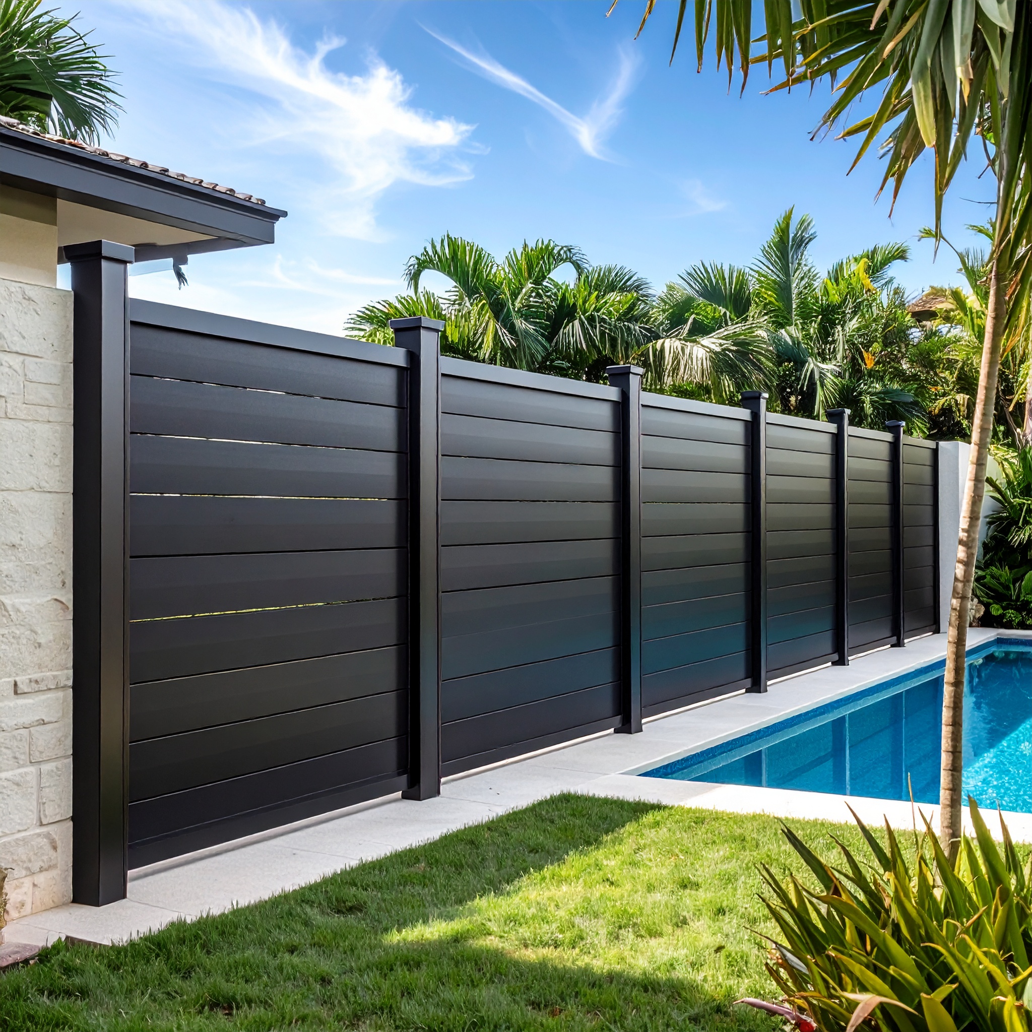 Black aluminum fence beside swimming pool-deck builder-San Antonio, Texas