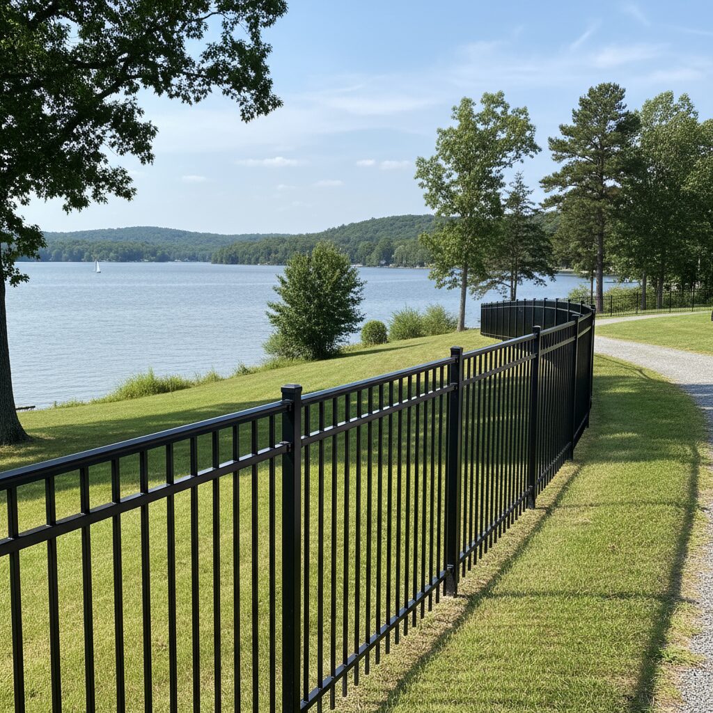 Black metal fence by grassy lake.-deck builder-San Antonio, Texas