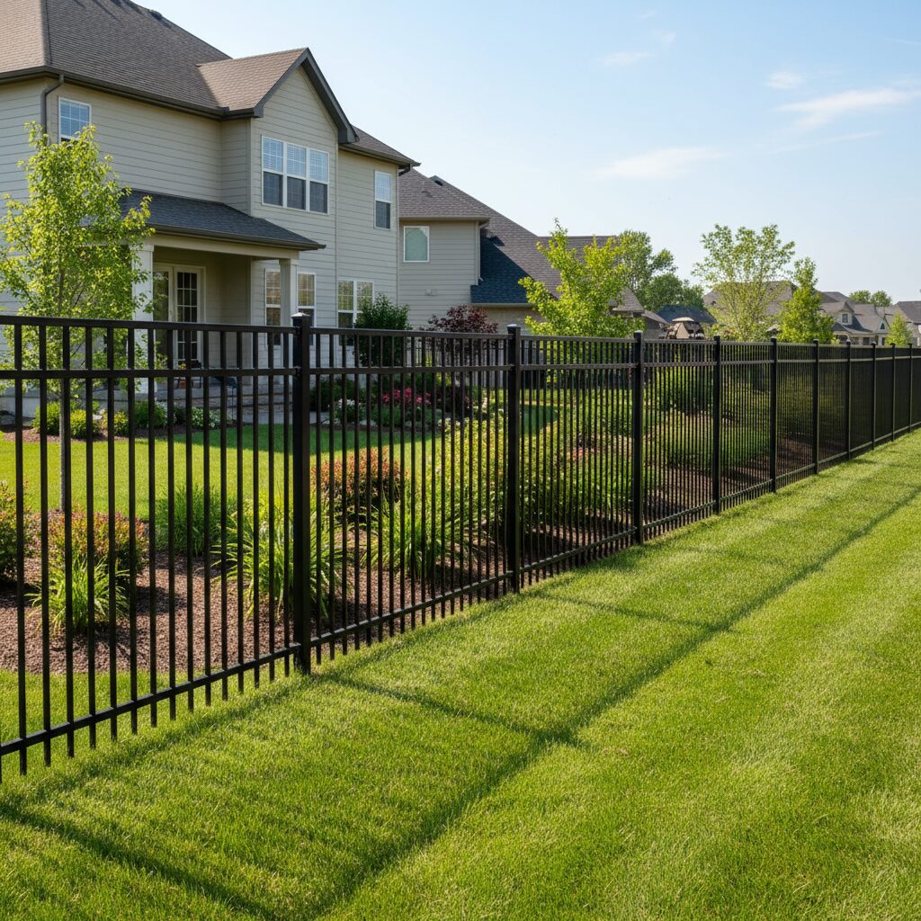 Black metal fence with vertical bars.-deck builder-San Antonio, Texas