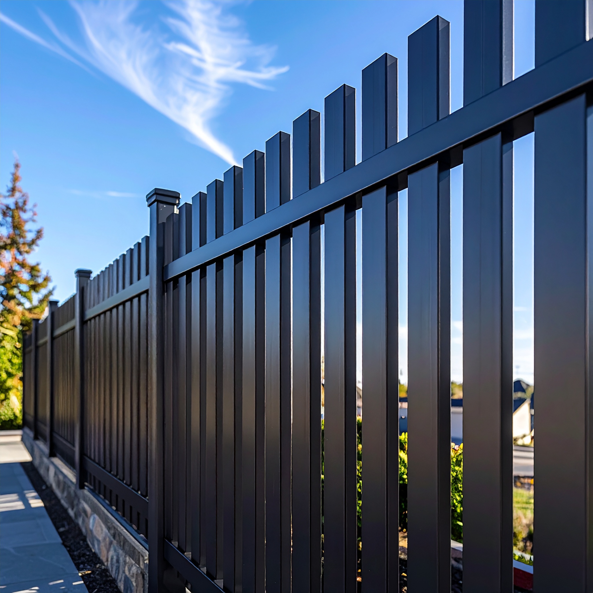 Black metal fence with stone base-deck builder-San Antonio, Texas