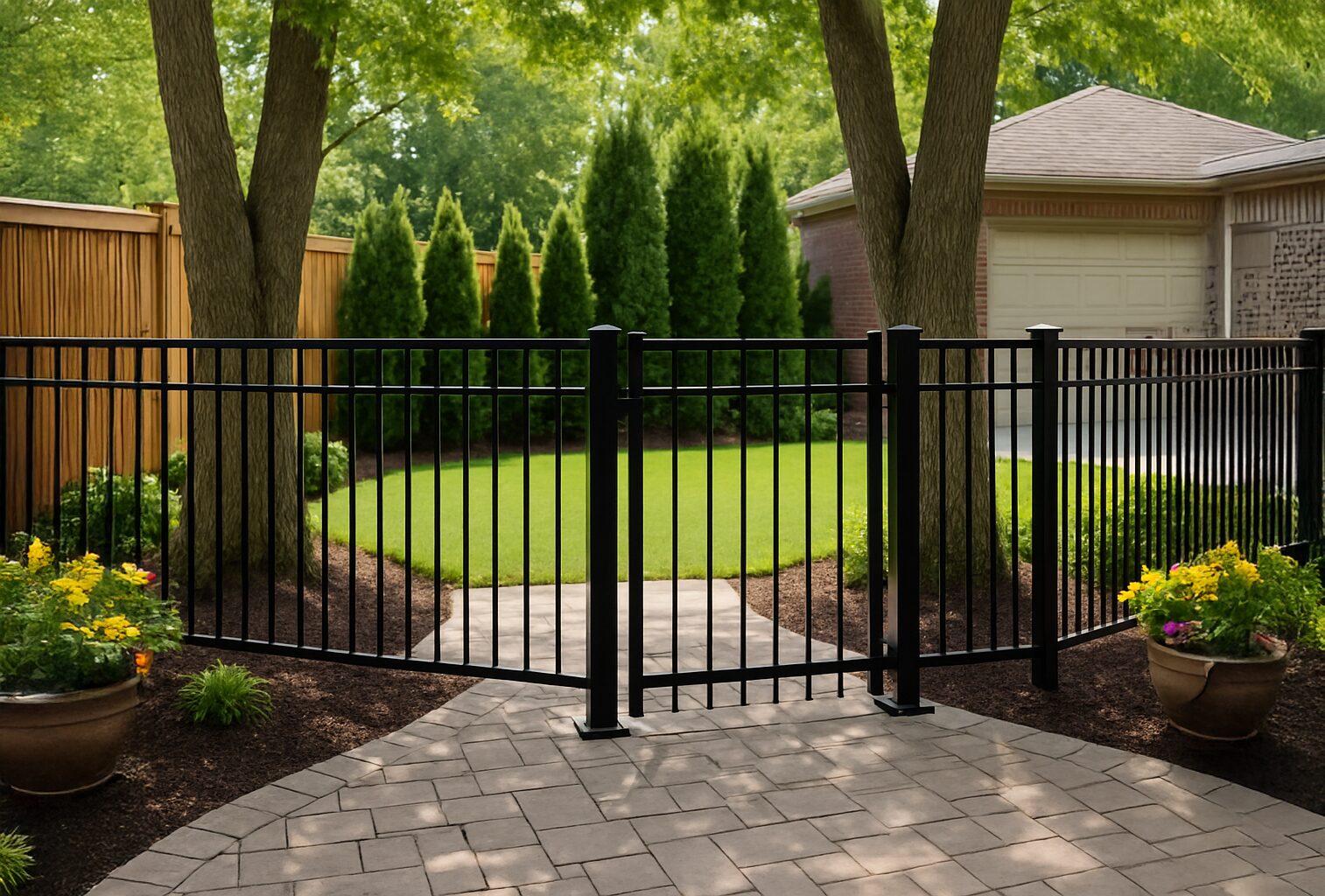 Black metal fence with brick path-deck builder-San Antonio, Texas