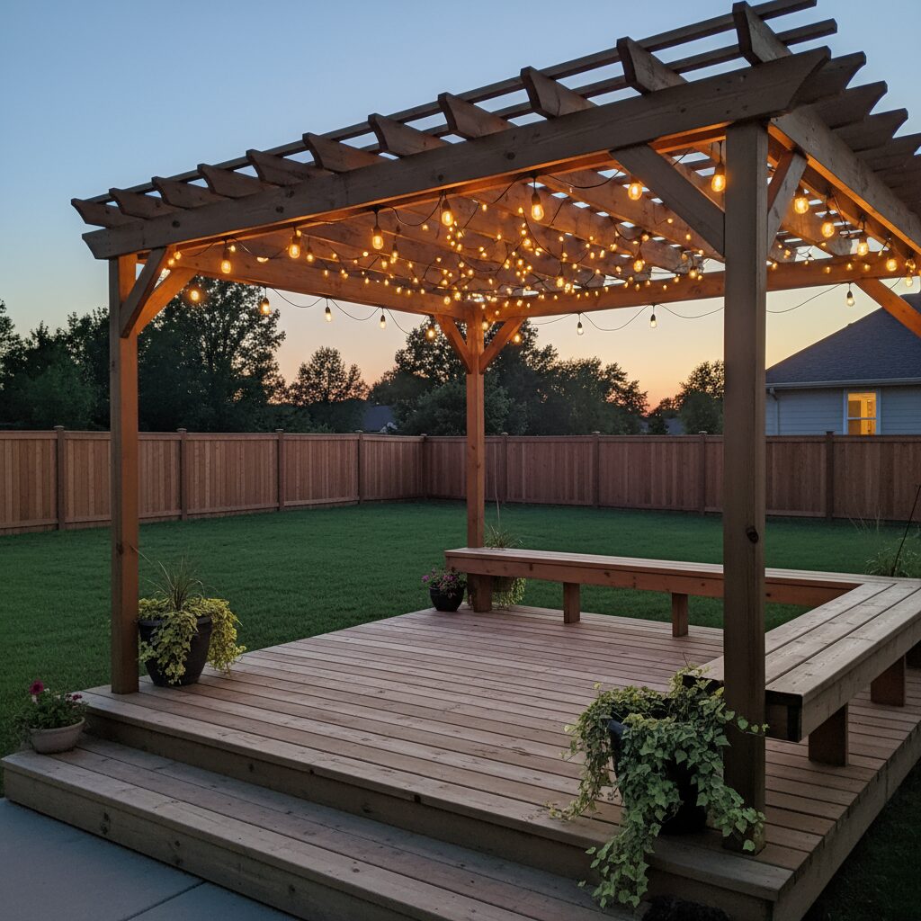 backyard zen - San Antonio Deck and Fence Works Wooden pergola with string lights.-deck builder-San Antonio, Texas