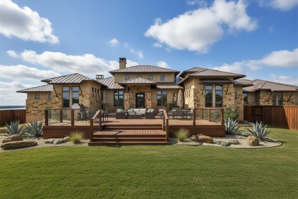 big-house-big-deck - San Antonio Deck and Fence Works Stone house, wooden deck, metal roof.-deck builder-San Antonio, Texas