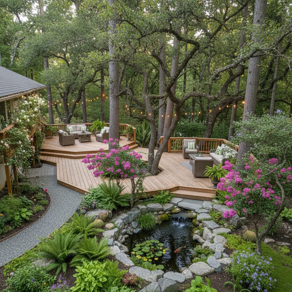 Wood deck, stone pond, lush greenery.-deck builder-San Antonio, Texas