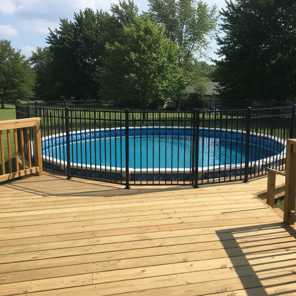 deck and safety fence - San Antonio Deck and Fence Works Black metal fence, wooden deck, pool.-deck builder-San Antonio, Texas