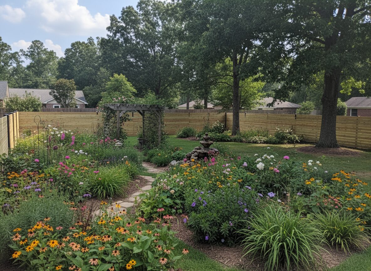 landscaping back yard - San Antonio Deck and Fence Works Wooden fence, garden arch, colorful flowers.-deck builder-San Antonio, Texas
