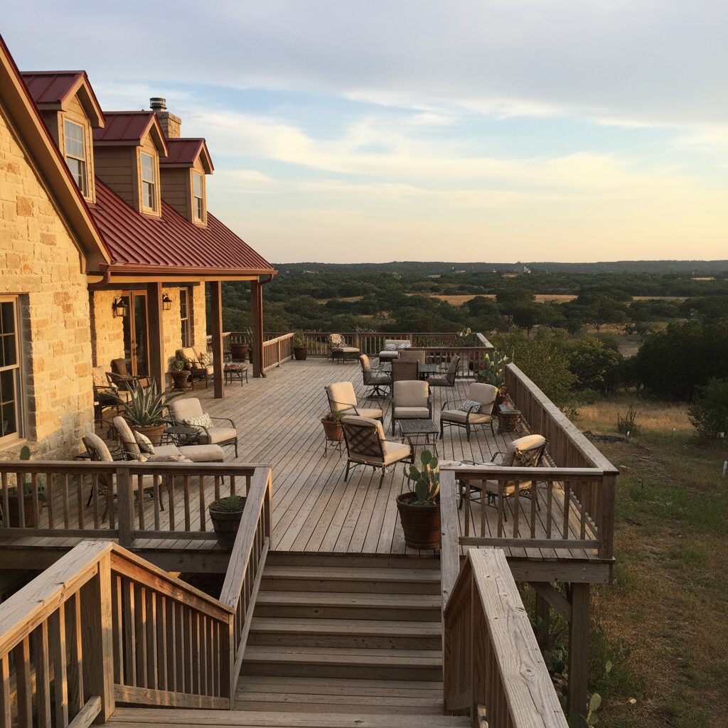 large raised deck on the back of a country style mansion in central texas hill countr 139335 - San Antonio Deck and Fence Works Wooden deck with metal furniture.-deck builder-San Antonio, Texas