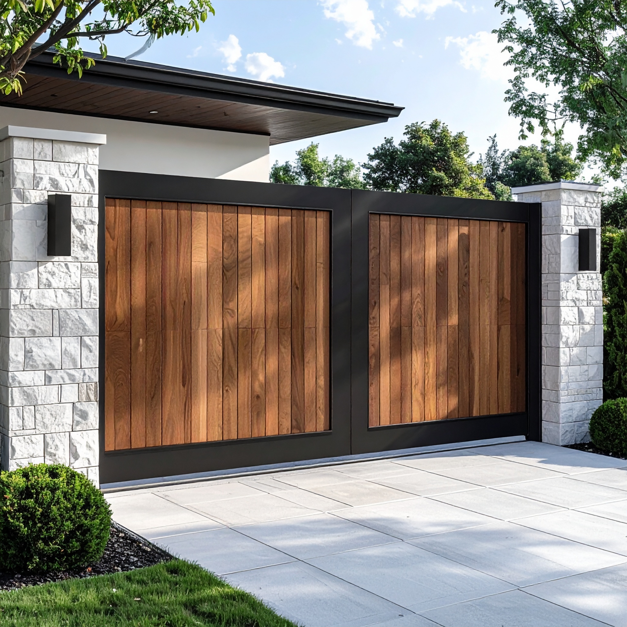 Wooden gate with stone pillars-deck builder-San Antonio, Texas