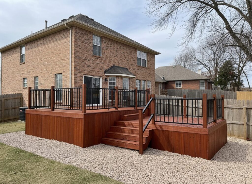 make the deck stained a deep redwood color and zoom out to see the back of the house 962599 - San Antonio Deck and Fence Works