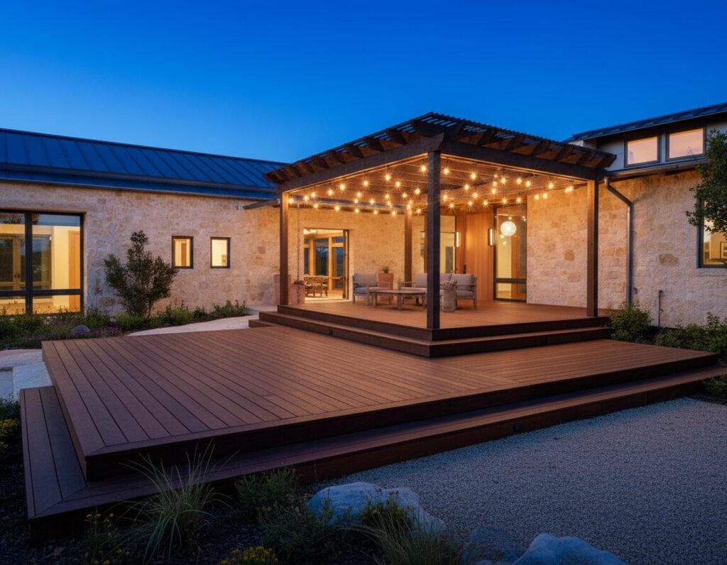 modern house backyard with pergola - San Antonio Deck and Fence Works