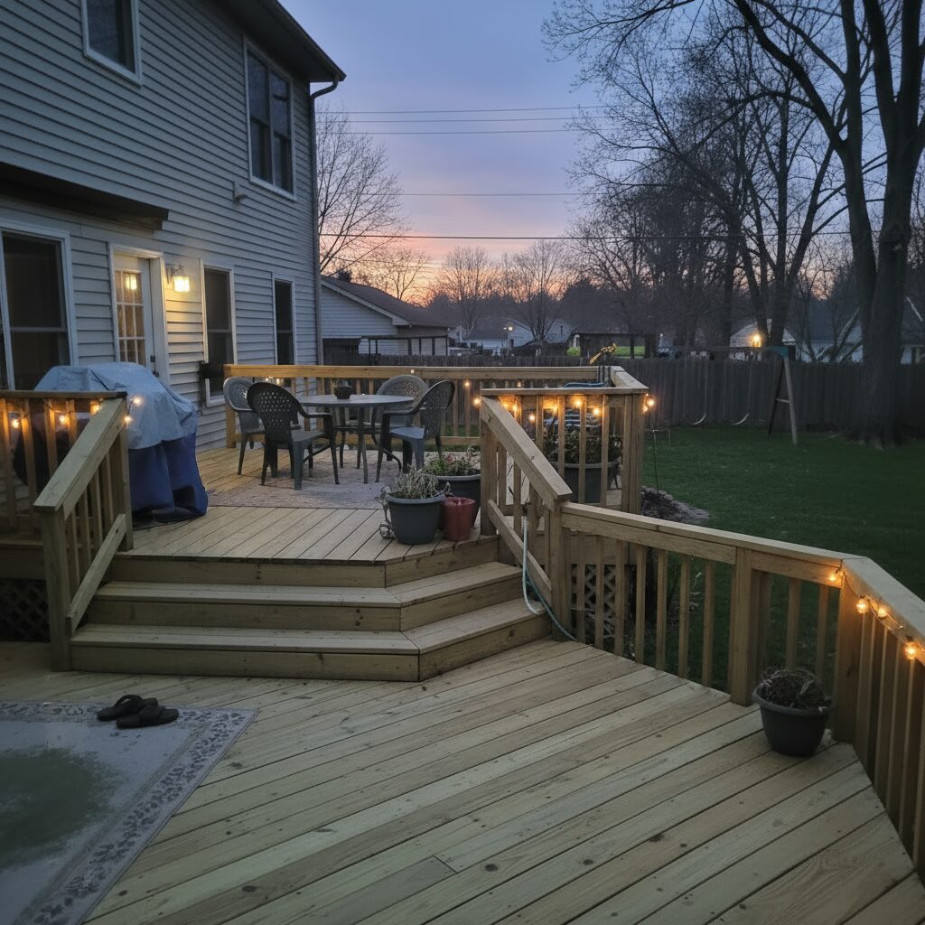 multi-level-deck at dusk - San Antonio Deck and Fence Works Wood deck with string lights.-deck builder-San Antonio, Texas
