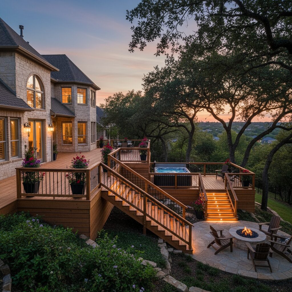 Multi-level wood deck with hot tub.-deck builder-San Antonio, Texas