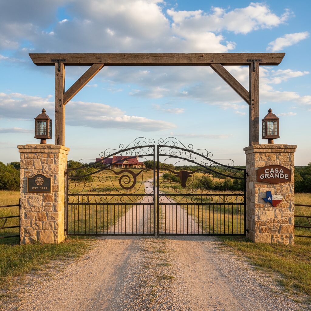 ranch-entrance - San Antonio Deck and Fence Works Stone pillars, wrought iron gate, wood beam.-deck builder-San Antonio, Texas