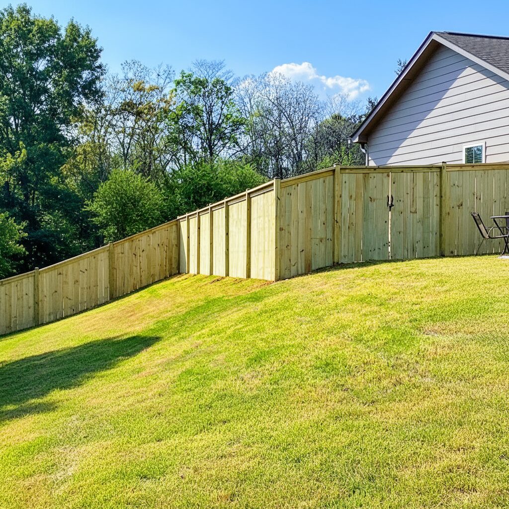 replacement fence on a hill - San Antonio Deck and Fence Works Wooden privacy fence on grassy slope-deck builder-San Antonio, Texas