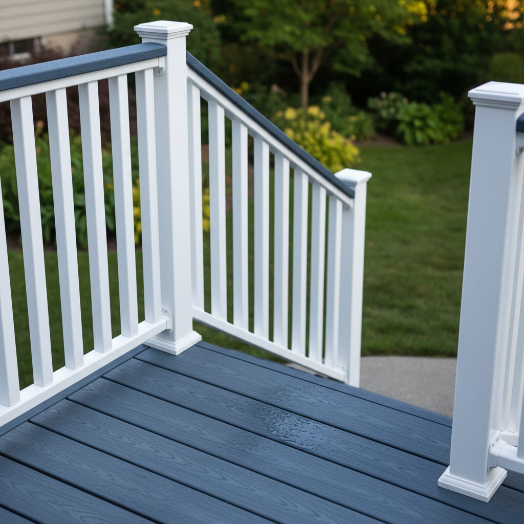White railing with gray composite decking.-deck builder-San Antonio, Texas