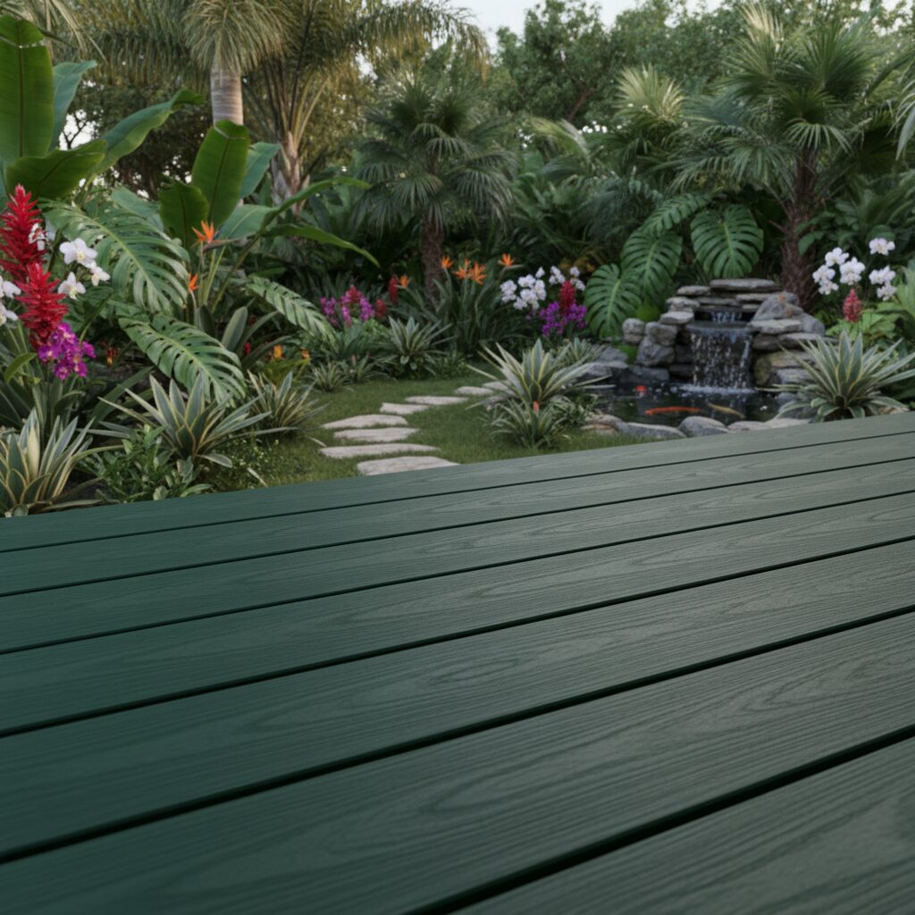 Green composite deck with garden path.-deck builder-San Antonio, Texas