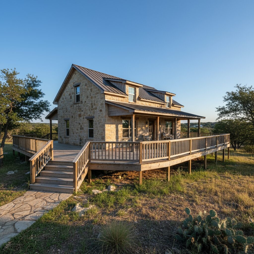 wrap around deck - San Antonio Deck and Fence Works Stone house with wooden deck railing.-deck builder-San Antonio, Texas